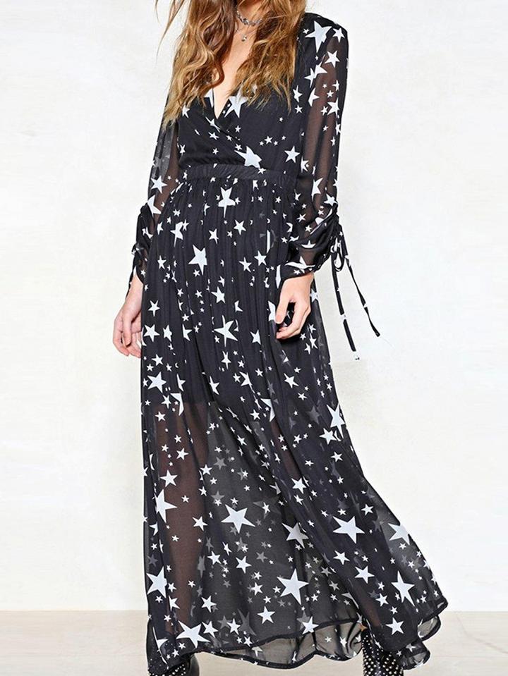 Choies Dark Blue V-neck Star Print Long Sleeve Chic Women Maxi Dress