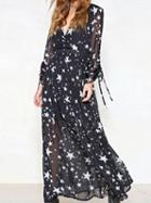 Choies Dark Blue V-neck Star Print Long Sleeve Chic Women Maxi Dress