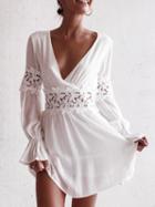 Choies White Chiffon Plunge Cut Out Detail Flare Sleeve Chic Women Mini Dress