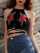 Choies Black Floral Embroidery Cross Strap Ribbed Cami Top