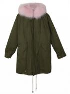 Choies Army Green Drawcord Detachable Lining Faux Fur Hooded Coat