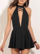Choies Black Choker Tie Caged Plunge Front Open Back Romper Playsuit