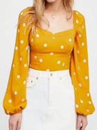 Choies Yellow Cotton Polka Dot Print Puff Sleeve Chic Women Crop Blouse