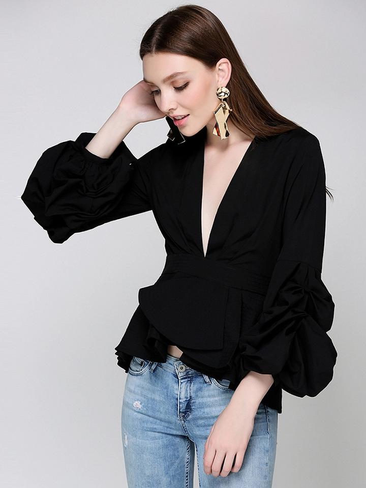 Choies Black Plunge Front Ruffle Hem Puff Sleeve Top