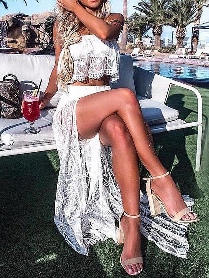 Choies White Bandeau Lace Crop Top And High Waist Shorts