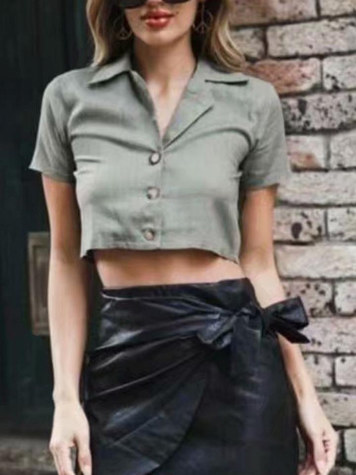 Choies Army Green Cotton V-neck Button Placket Front Chic Women Crop Shirt