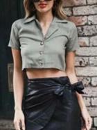 Choies Army Green Cotton V-neck Button Placket Front Chic Women Crop Shirt