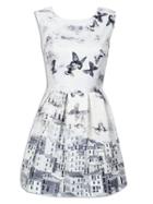 Choies White Butterfly Print Embroidery Sleeveless Ruched Dress