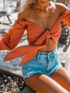 Choies Orange Off Shoulder Knot Front Polka Dot Long Sleeve Crop Top