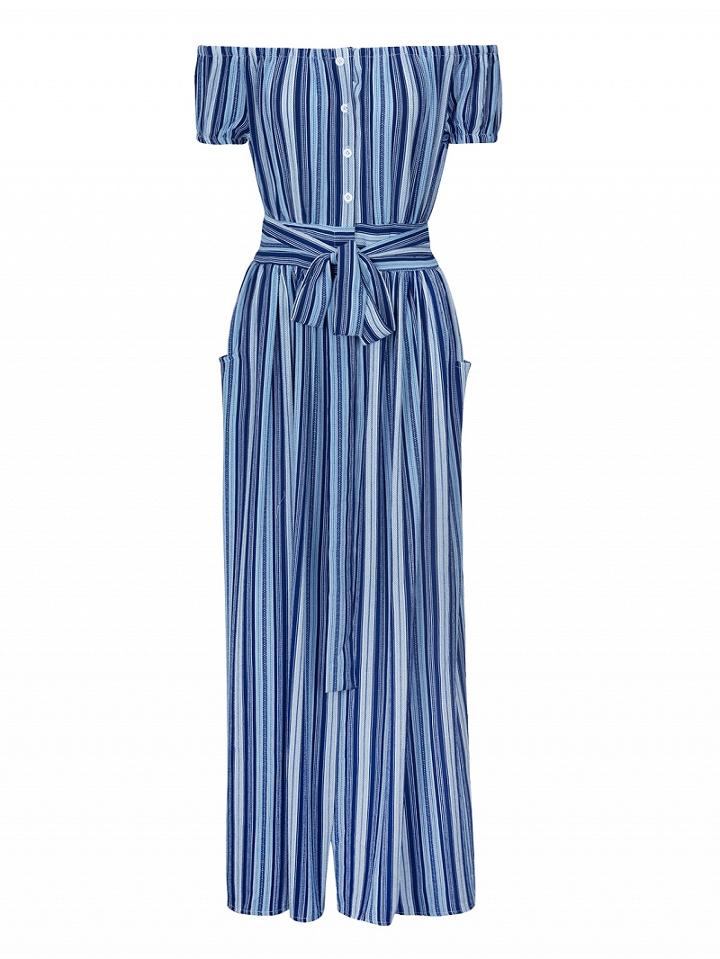Choies Blue Stripe Off Shoulder Button Up Tie Waist Maxi Beach Dress