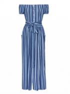 Choies Blue Stripe Off Shoulder Button Up Tie Waist Maxi Beach Dress