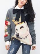 Choies Gray Dog Pattern Long Sleeve Knit Sweater