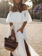 Choies White Off Shoulder Thigh Split Side Maxi Dress