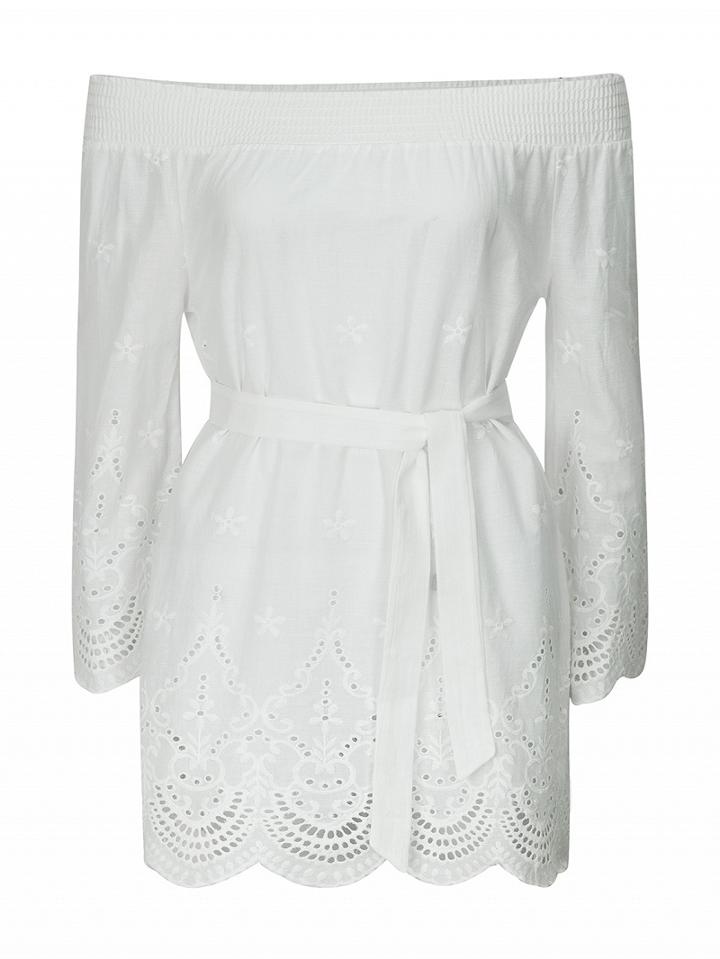 Choies White Stretch Off Shoulder Flared Sleeve Scalloped Hem Mini Dress