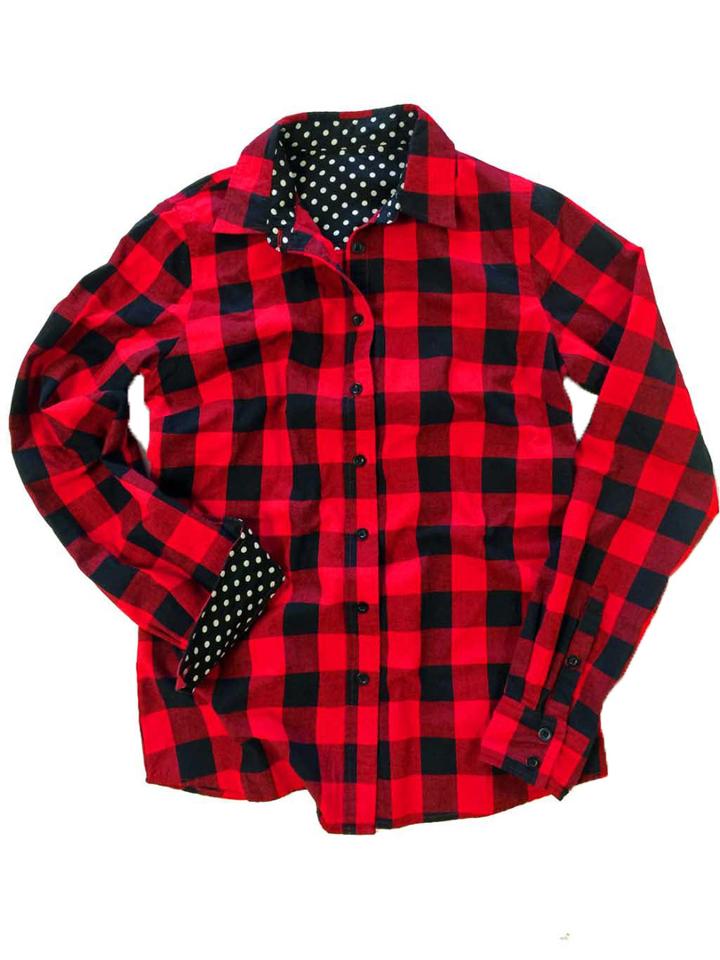 Choies Red Plaid Polka Dot Lined Long Sleeve Shirt