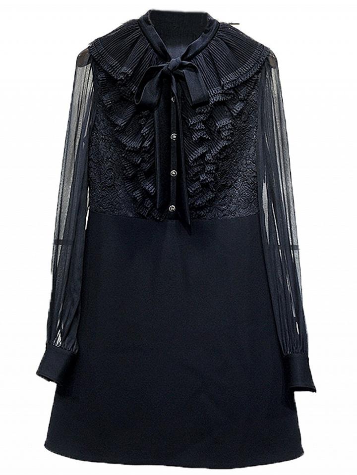 Choies Black Bow Tie Ruffle Lace Sheer Mesh Long Sleeve Mini Dress
