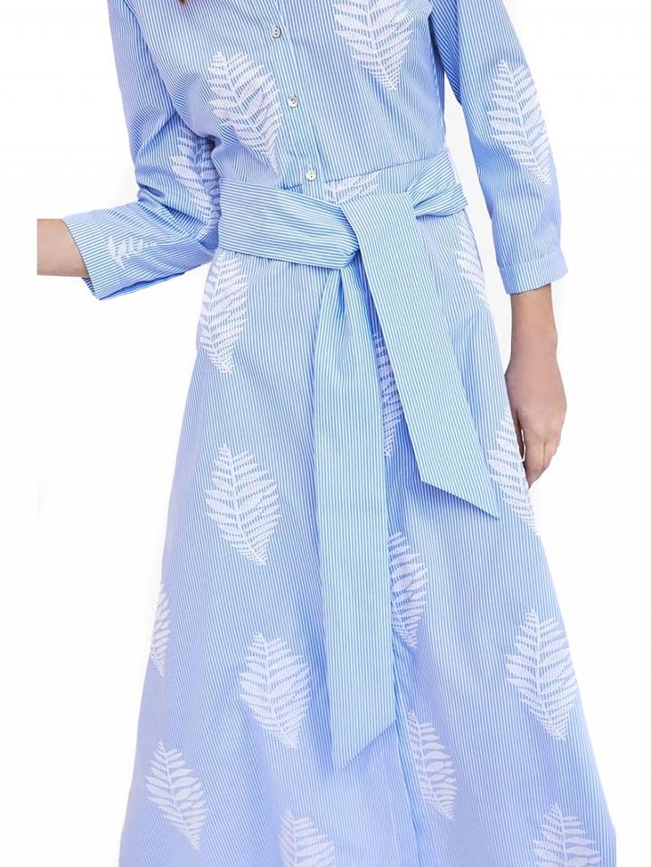 Choies Blue Stripe Tie Waist Leaves Embroidery Midi Dress