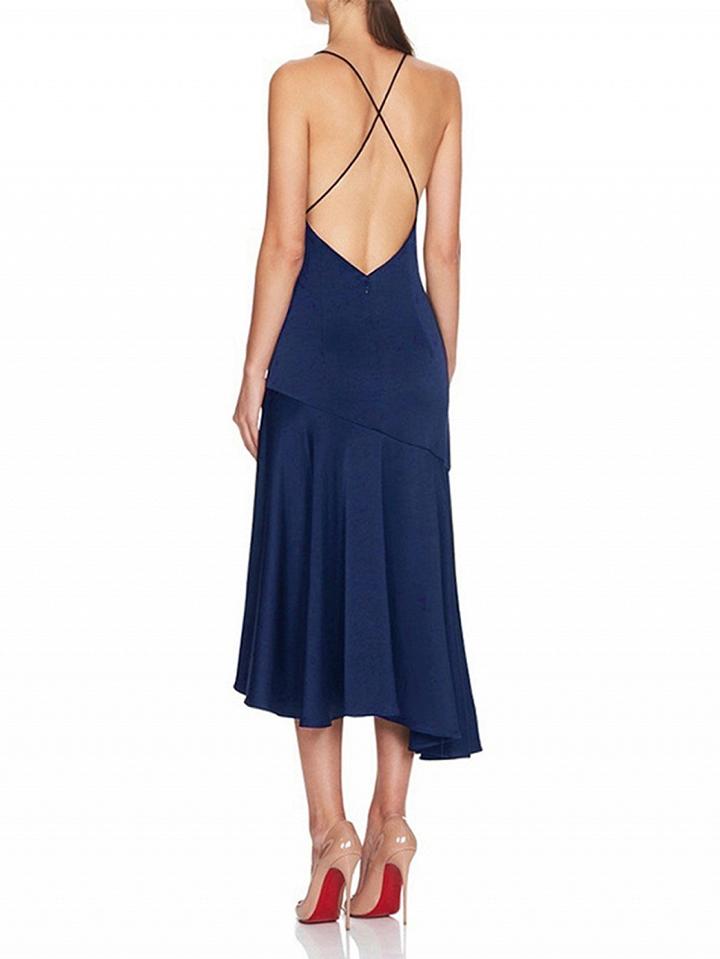 Choies Dark Blue Satin Look V-neck Knot Front Thigh Split Cami Midi Dress