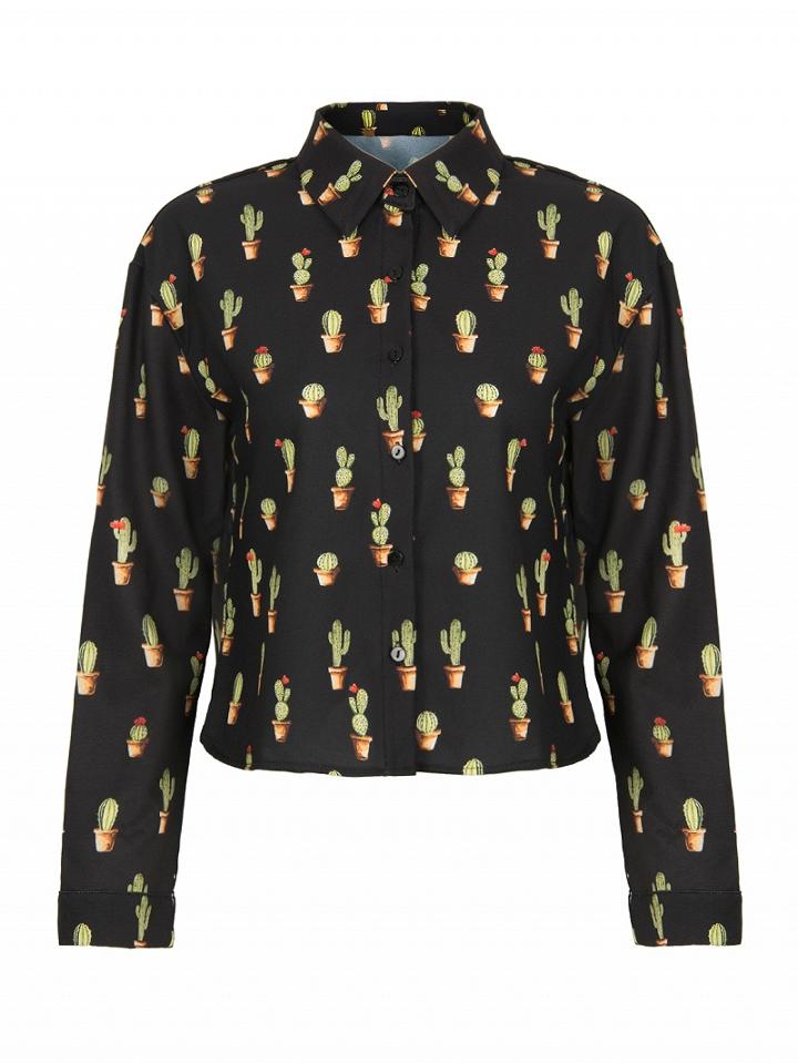 Choies Black Pointed Collar Cactus Print Long Sleeve Shirt