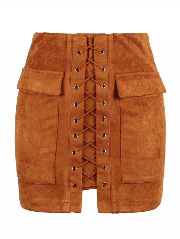 Choies Brown Faux Suede Lace Up Front Pencil Mini Skirt