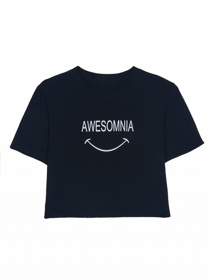 Choies Black Smile And Letter Print Relaxed Crop Tee