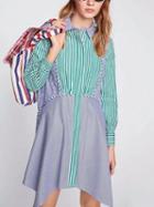 Choies Blue Contrast Stripe Asymmetric Hem Long Sleeve Mini Shirt Dress
