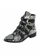 Choies Snakeskin Pointed Contrast Buckle Strap Studs Detail Ankle Boots
