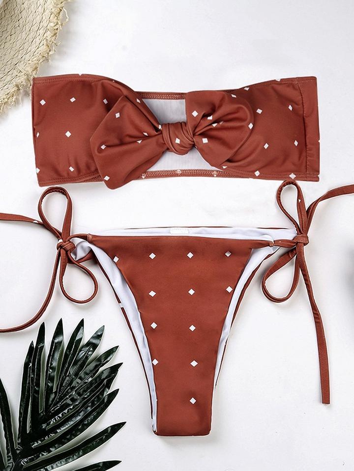 Choies Red Nylon Bandeau Polka Dot Print Chic Women Bikini Top And Bottom