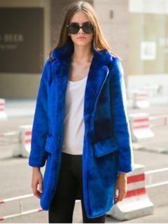 Choies Blue Quality Lapel Long Line Faux Fur Warm Coat