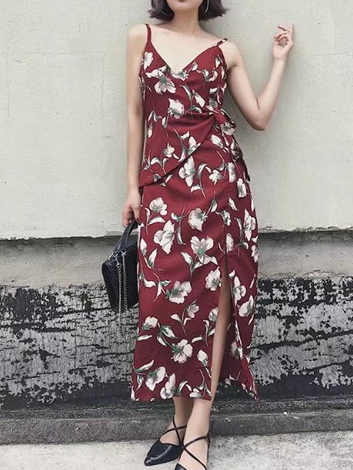 Choies Red Floral V-neck Tie Side Wrap Midi Cami Dress
