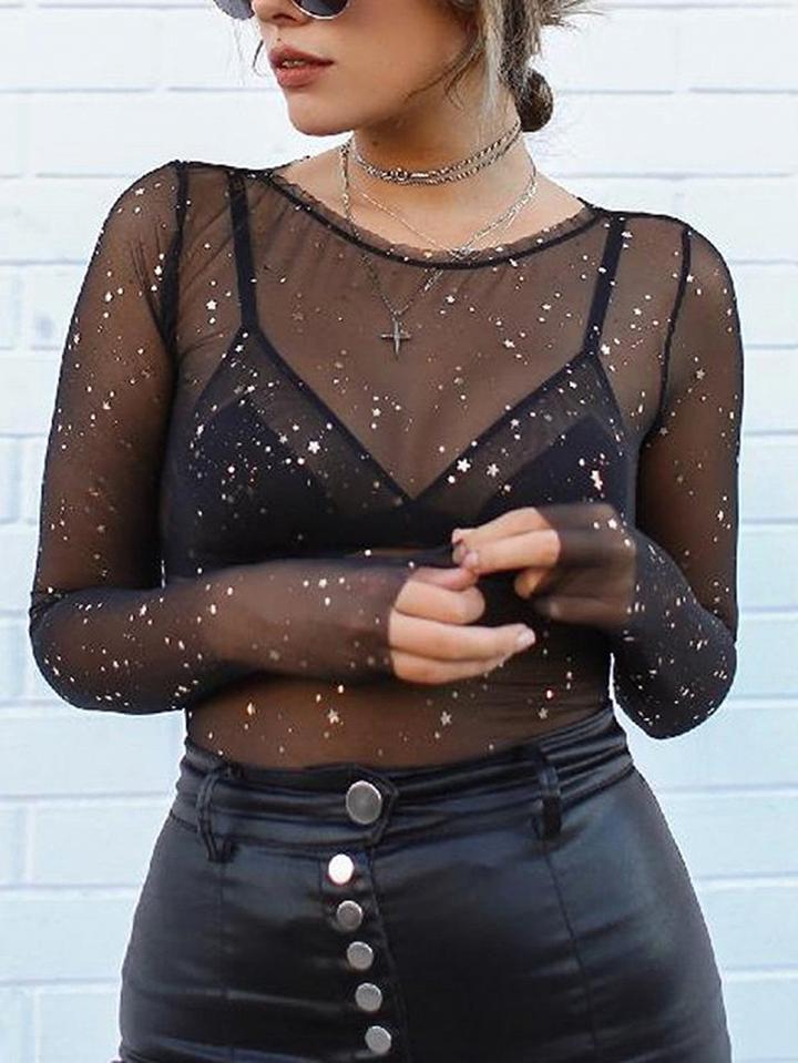 Choies Black Star Pattern Long Sleeve Mesh Blouse