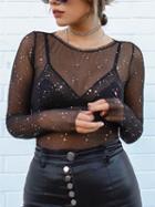 Choies Black Star Pattern Long Sleeve Mesh Blouse