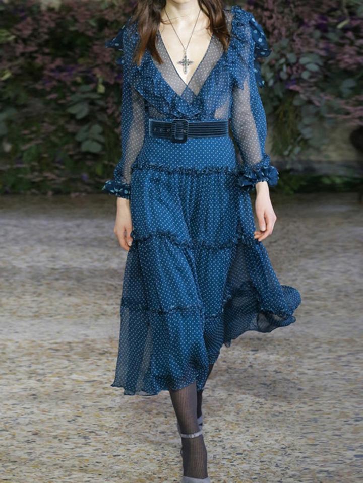 Choies Dark Blue V-neck Polka Dot Print Ruffle Trim Long Sleeve Midi Dress