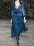 Choies Dark Blue V-neck Polka Dot Print Ruffle Trim Long Sleeve Midi Dress