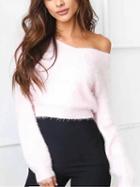 Choies Pink Off Shoulder Fluffy Long Sleeve Knit Jumper