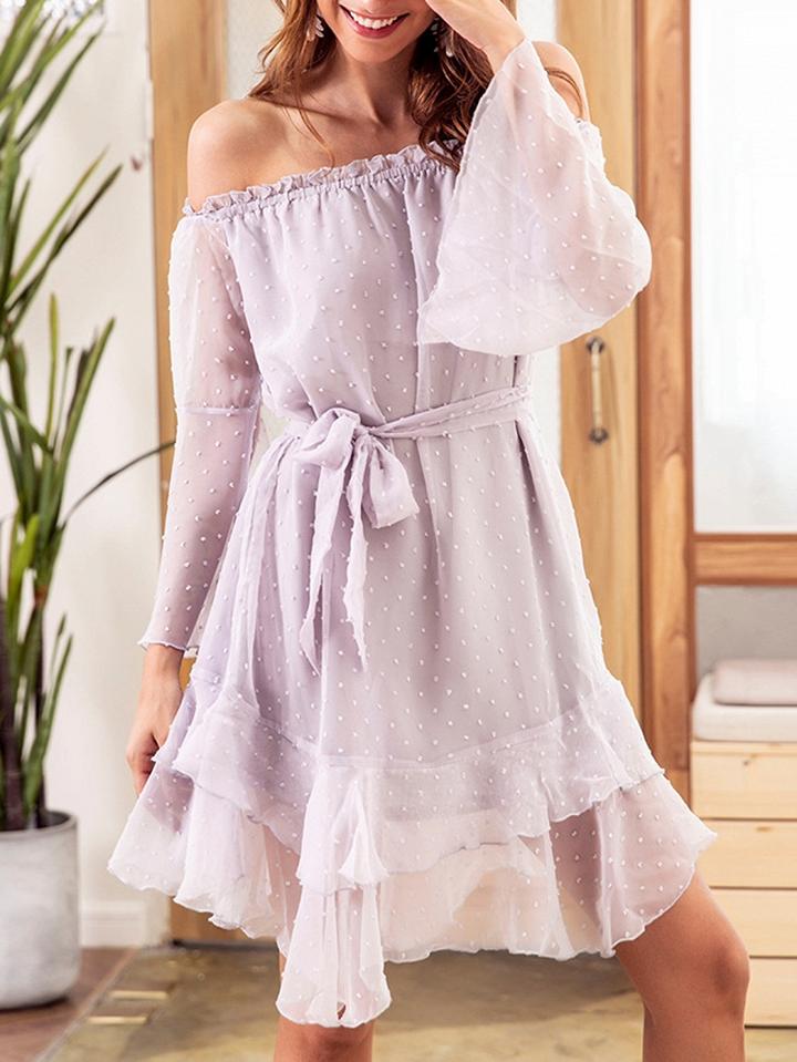 Choies Purple Chiffon Off Shoulder Tie Waist Ruffle Hem Chic Women Mini Dress