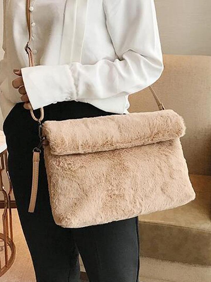 Choies Khaki Faux Fur Foldover Handbag