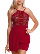 Choies Burgundy Lace Panel Zip Back Romper Playsuit