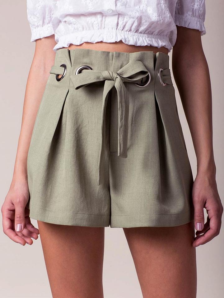 Choies Green High Waist Eyelet Tie Waist Shorts