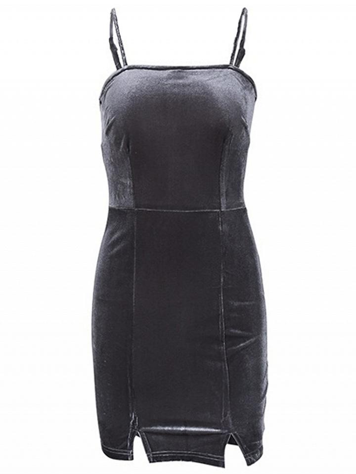 Choies Gray Velvet Spaghetti Strap Bow Tie Back Mini Dress
