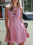 Choies Pink Plaid Spaghetti Strap Bow Front Mini Dress