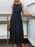 Choies Dark Blue Cotton Polka Dot Print Sleeveless Chic Women Maxi Dress
