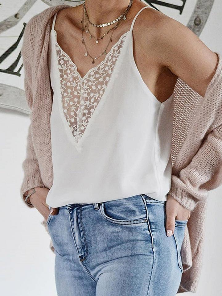 Choies White V-neck Lace Panel Chic Women Cami