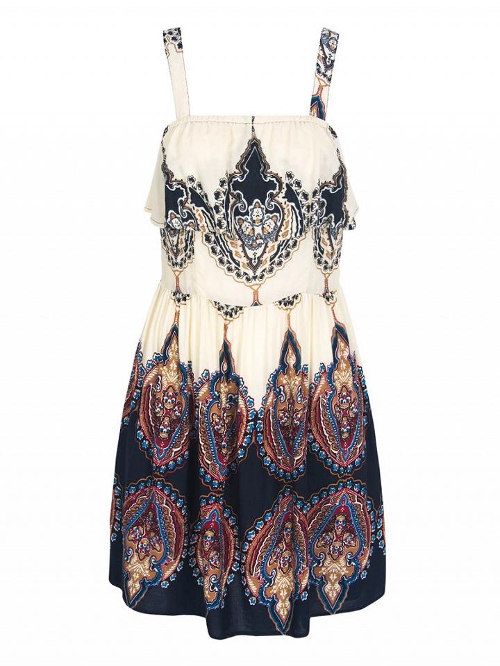 Choies Beige Paisley Floral Print Ruffle Trim Cut Out Back Cami Dress