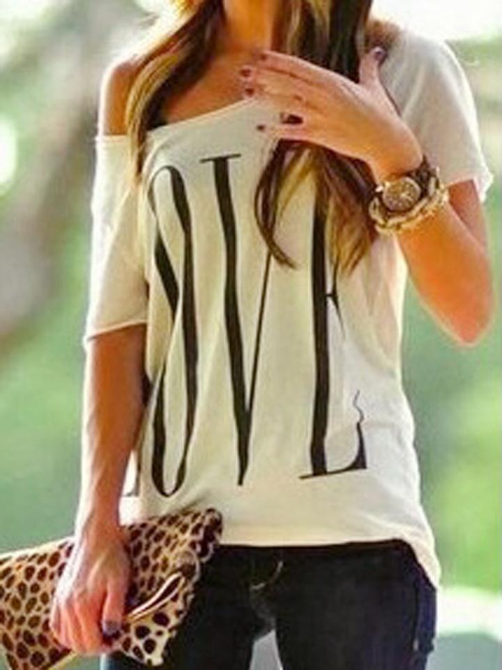 Choies White Off Shoulder Letter Print Short Sleeve T-shirt