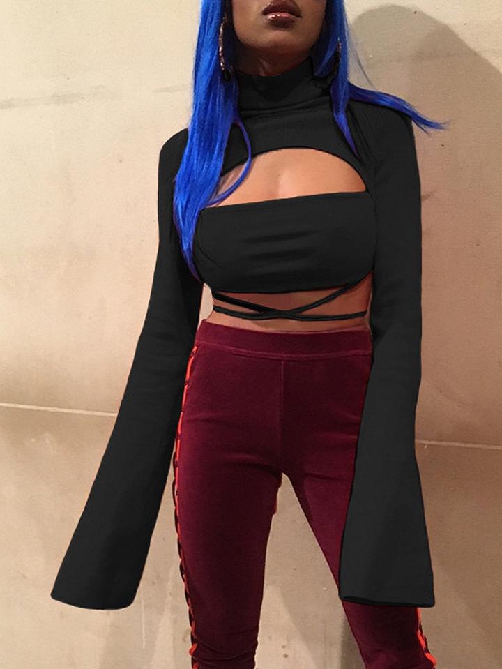 Choies Black High Neck Cut Out Tie Stripe Flare Sleeve Crop Top