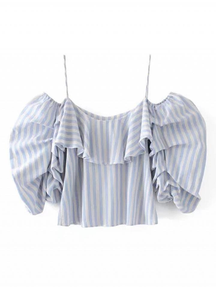 Choies Blue Stripe Cold Shoulder Ruffle Spaghetti Strap Blouse