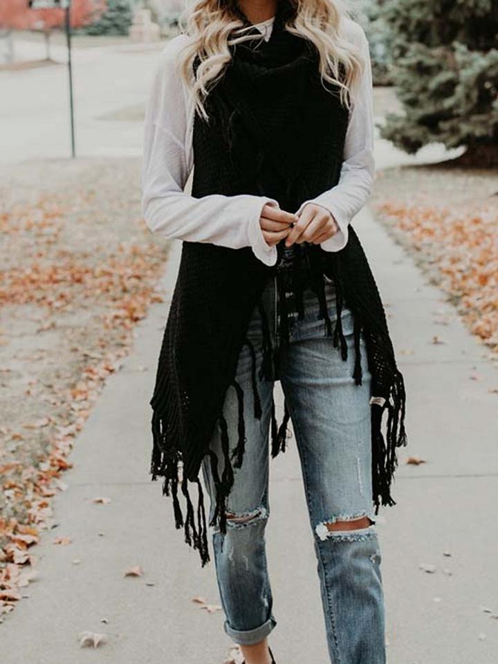 Choies Black Open Front Tassel Trim Sleeveless Chic Women Knit Cardigan