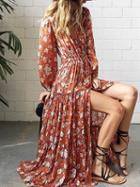 Choies Polychrome Floral Tie Waist Split Long Sleeve Maxi Dress