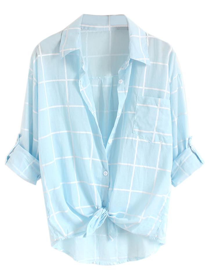 Choies Sky Blue Plaid Print Roll Up Sleeve Semi-sheer Shirt